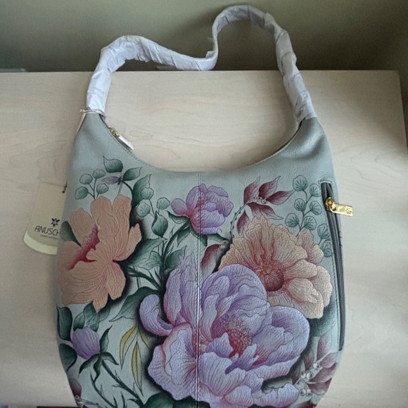 New Anuschka Light Blue Floral Genuine Leather Bag & Zippered Wallet 2 Piece Set - Picture 2 of 16